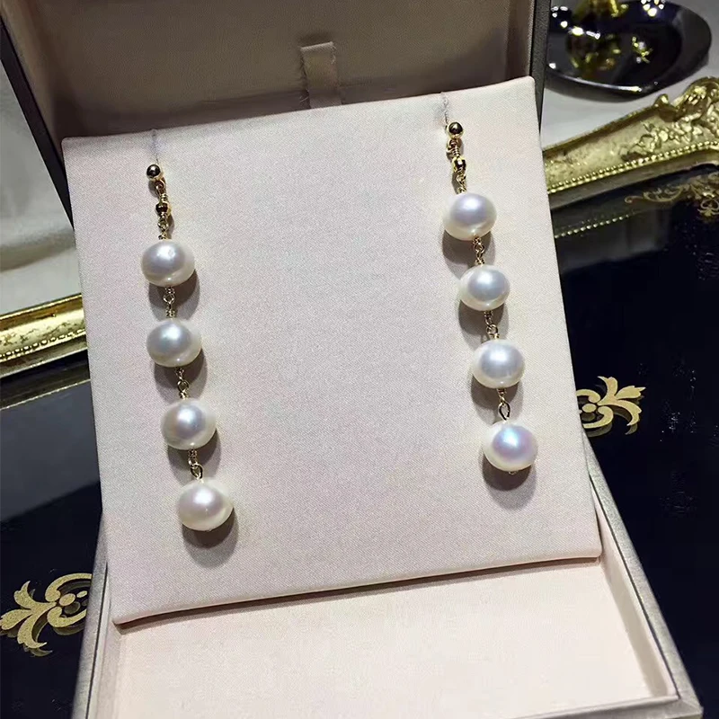 

ANI 14k Roll Yellow Gold Women Pearl Dangle Earring Natural Freshwater White Round Pearl Earring Drop Fine Jewelry Hyperbole
