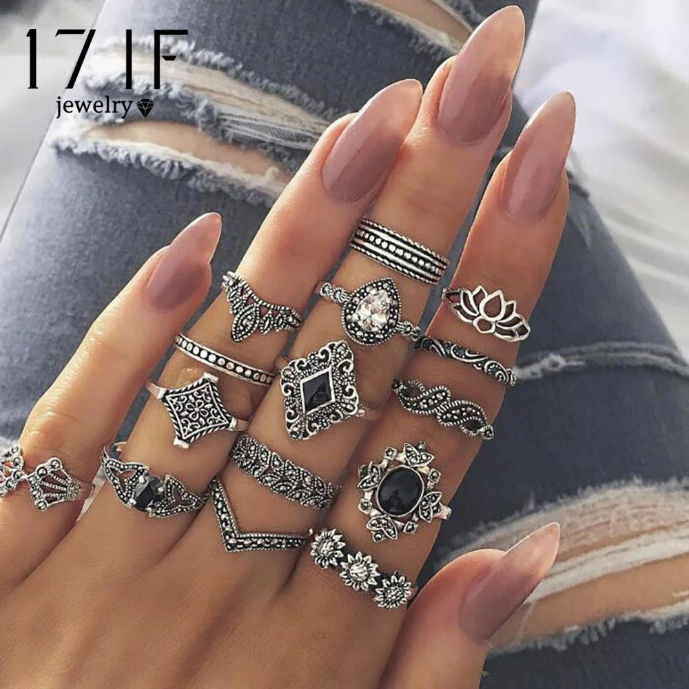 

17IF 15Pcs/Set Bohemian Retro Crystal Flower Leaves Hollow Lotus Gem Silver Ring Set Women Wedding Anniversary Gift Dropshipping
