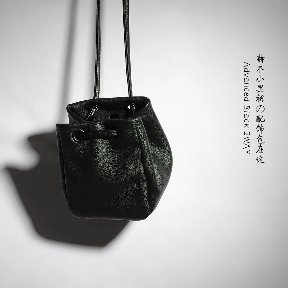 

Black Genuine Leather Handbags New Full Grain Square Portable Slung Dual-Use Bag 2way Small Bucket Bag