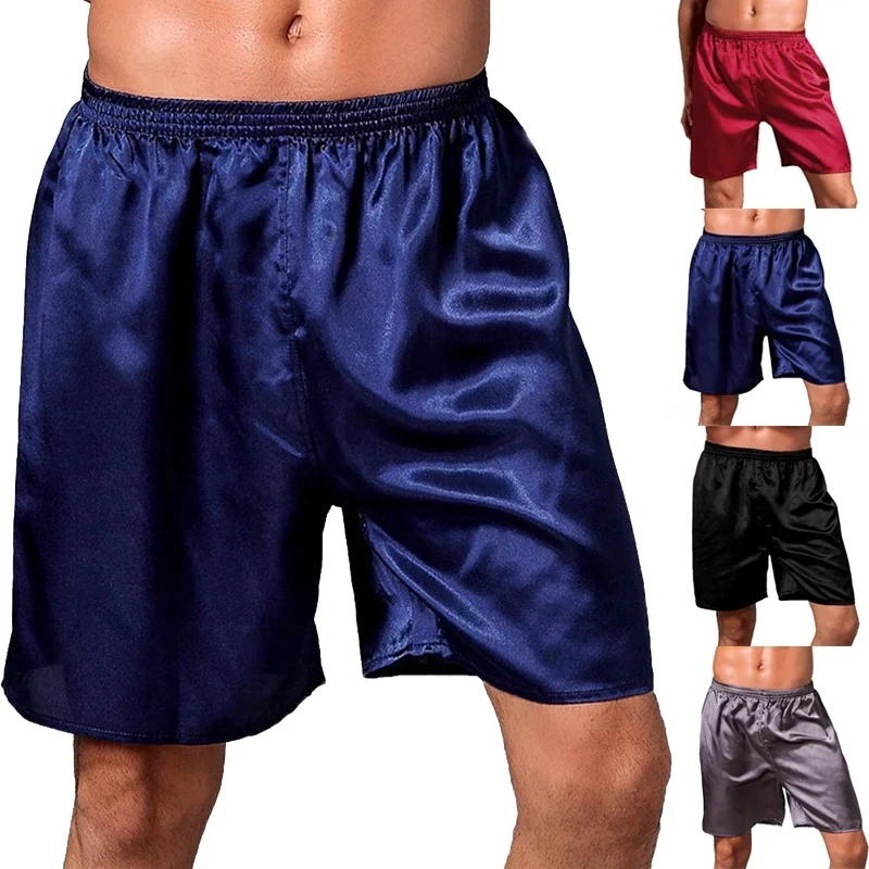 Summer Casual Loose Men's Satin Silk Shorts Sleepwear Soft Boxer Pajama ...