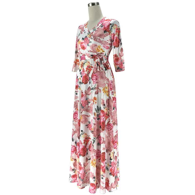 ShejoinSheenjoy New Pink Rose Print Dress Autumn V-Neck Sashes Bow Sexy Women Long Dress A-Line Casual Dresses Ladies Clothing (8)