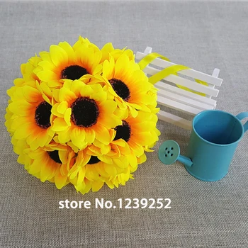 

New 10Pcs/Lot 3.55"(9 cm ) Silk Sunflower Artificial Flower Ball Kissing Hanger Ball For Wedding Party DIY Bridal Flower Decor