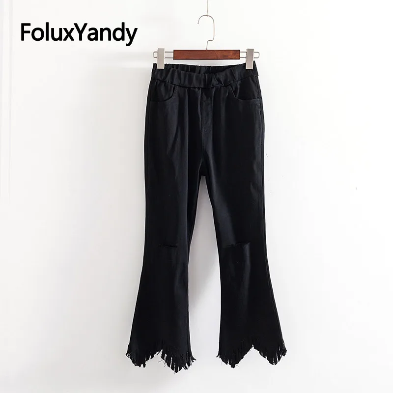 

Hole Casual Flare Pants Women Trousers Elastic Waist Slim Stretch Tassel Pants Black Plus Size KKFY3544