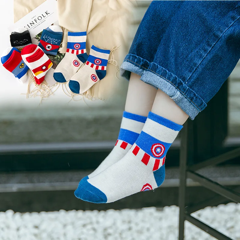 

YOOAP 5PCS Children's Socks Spring and Summer Net Eye My Hero College Socks Superman Spider-Man Colour Boys girls Socks