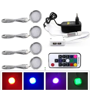 

LED Under Cabinet Light Downlight Spotlights Kit with RF Remote Control Dimmable RGB for Home Kitchen Counter Closet Lighting
