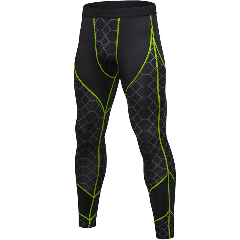 Брюки для бега, мужские клетчатые компрессионные штаны, спортивные Леггинсы для пробежек, мужские колготки, штаны для спортзала, тренировок, йоги, фитнеса - Цвет: Gray Mesh Green Line