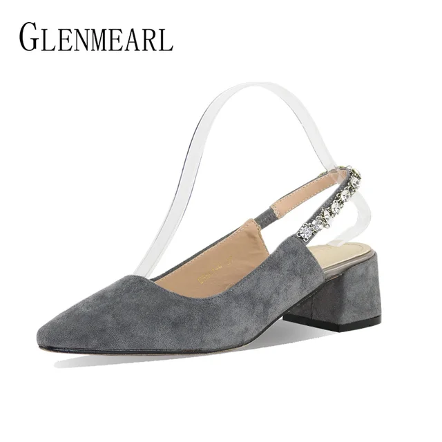Women Pumps Heels Shoes Woman Crystal Eleganet Thick Heel Party Pumps Female Black Spring Pointed Toe Slingbacks Shoes WeddingCE