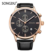 Reloj de los hombres de primeras marcas de lujo songdu reloj de moda correa de cuero genuino impermeable multifunción de cuarzo relojes de pulsera de regalo caliente de la venta