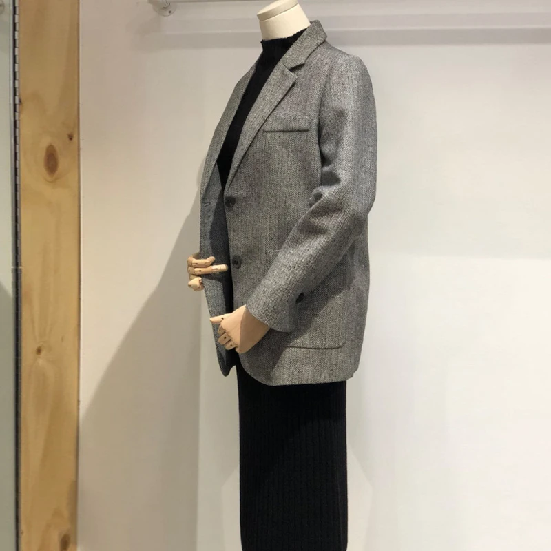 2019 Autumn Vintage Wool Plaid Office Blazer Women Single Breasted Korean Women's Jacket Blazers Coat Long Sleeve Female Outwear