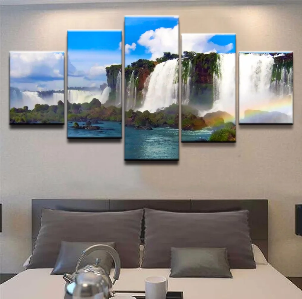 5 Piece Cliff Cloud Nature Rainbow Sunny Waterfall Poster Wall Art Home Living Room Painting | Дом и сад
