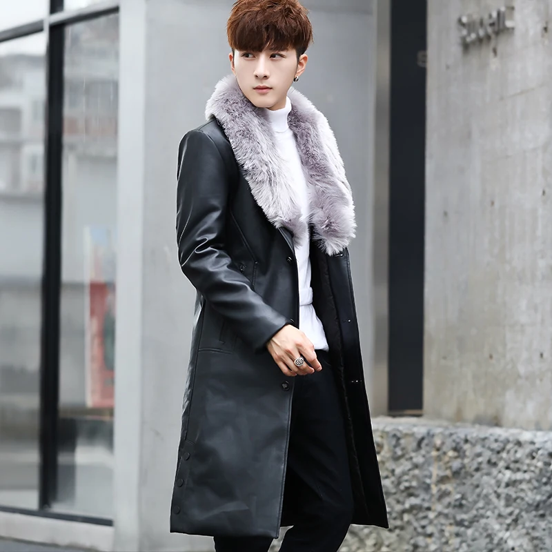 Fur Coat Mens Long Leather Trench Coats with Big Fur Collar Black ...