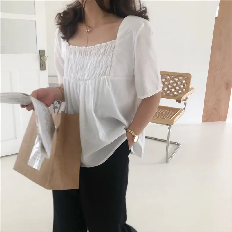 

HziriP Hot Casual Loose 2019 Summer Elegant Square Collar Women High Quality Fashion Solid Short-Sleeved Sweet Shirts 5 Colors