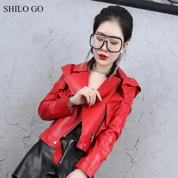 

SHILO GO Leather Jacket Womens Spring Fashion sheepskin genuine leather coat lapel collar ruffles shoulder zipper red vintage