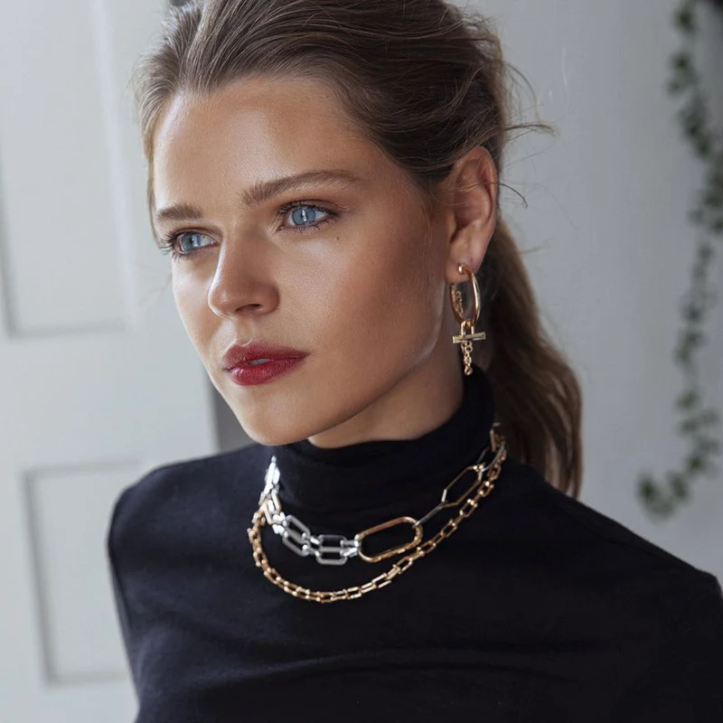 

coco&willow Gold/Sliver Geometric Chain Link Necklace For Women Mix-Match Statement Choker Necklace Fashion Jewelry Accessories