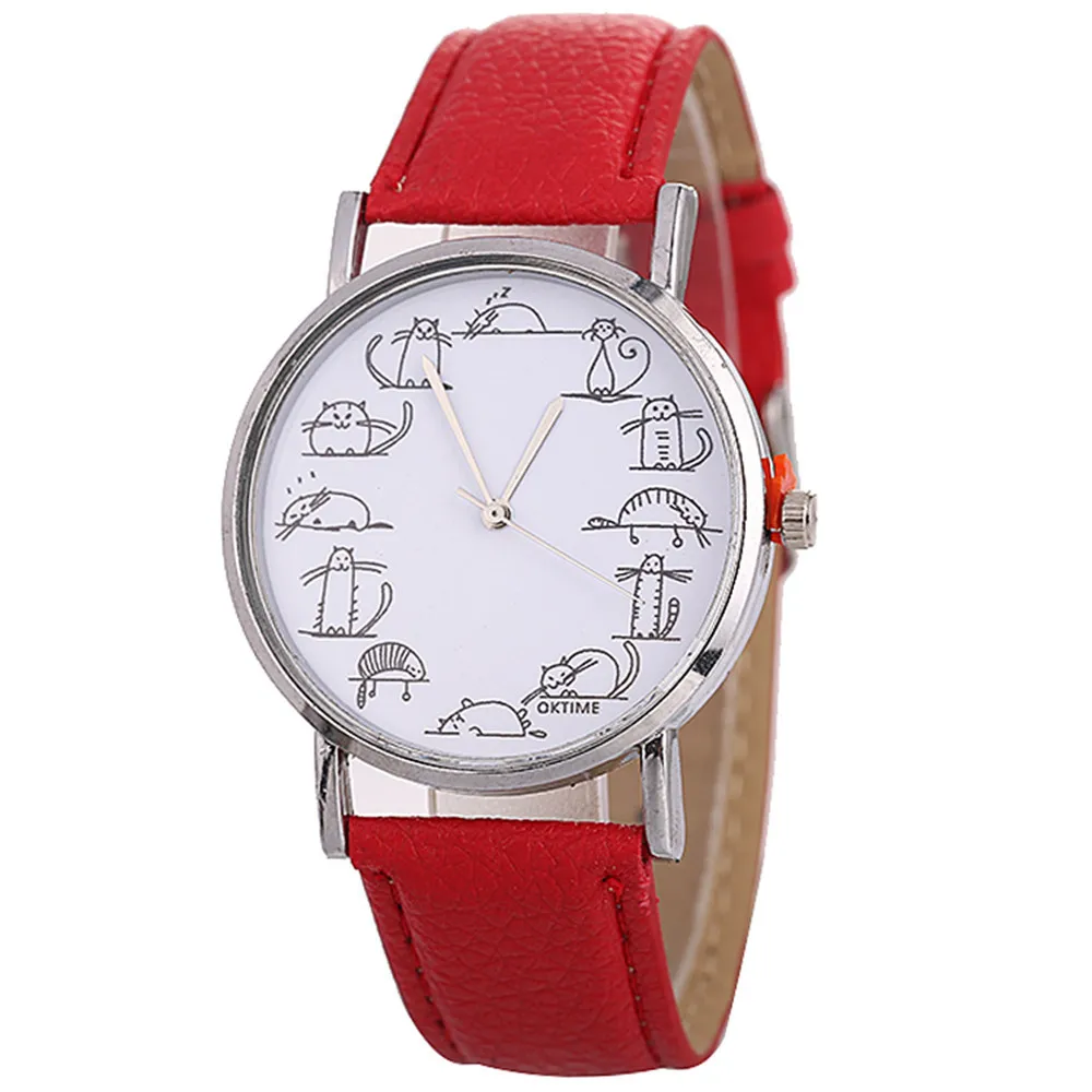 Relogio Feminino женские кварцевые часы с милым рисунком кота модные кожаные повседневные женские наручные часы подарки Kol Saati 533 - Цвет: Красный