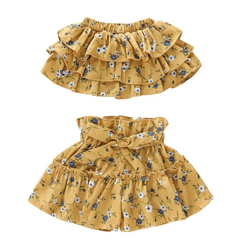

Pullover Yellow Flowers Cotton 1-5T Summer Baby Girls Casual Sleeveless Floral Print T-shirt Tops+Shorts Suits Costume Set