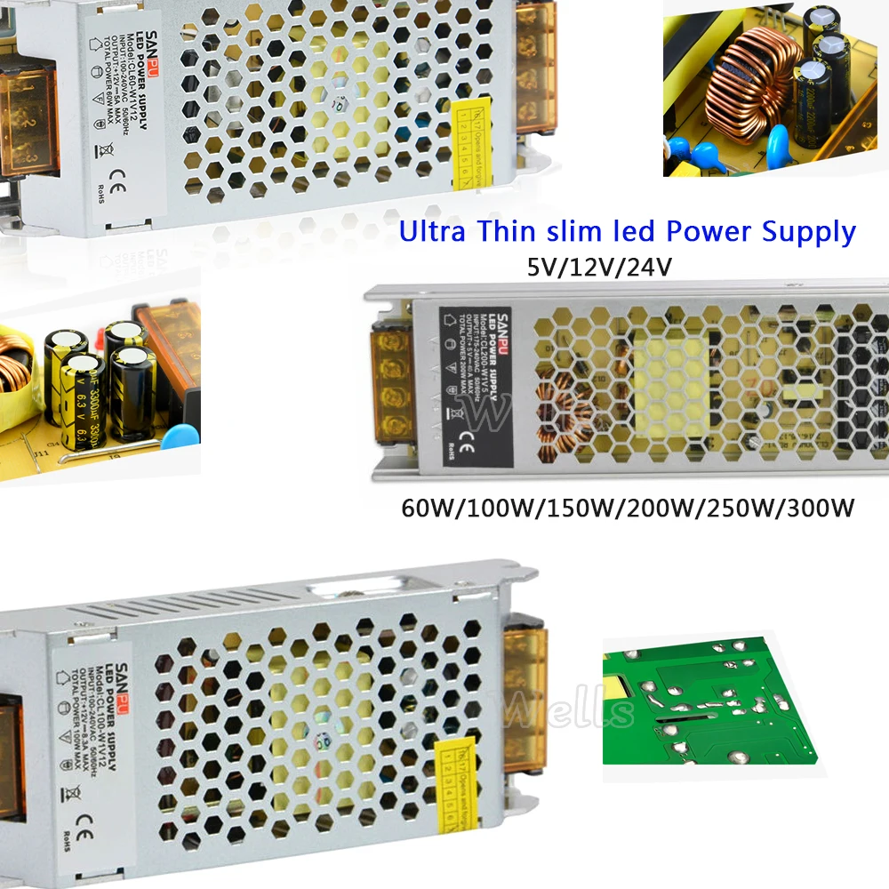 Сверхтонкий источник питания высокого напряжения 60 Вт/100 Вт/150 Вт/200 Вт/250 Вт/300 Вт 110-240 В Светодиодный драйвер для светодиодной ленты светильник