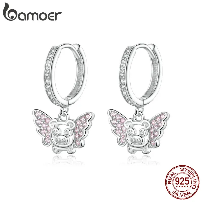 

bamoer Flying Piggy Animal Drop Earrings for Women Sterling Silver 925 Design Korean Style Jewelry Earrings with Charm BSE224