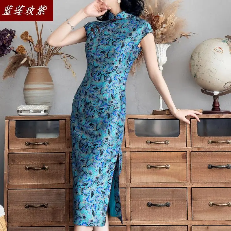 

womens summer cheongsam dresses Ladies retro chinese style slim print dress qipao female short sleeve stand collar split dresses