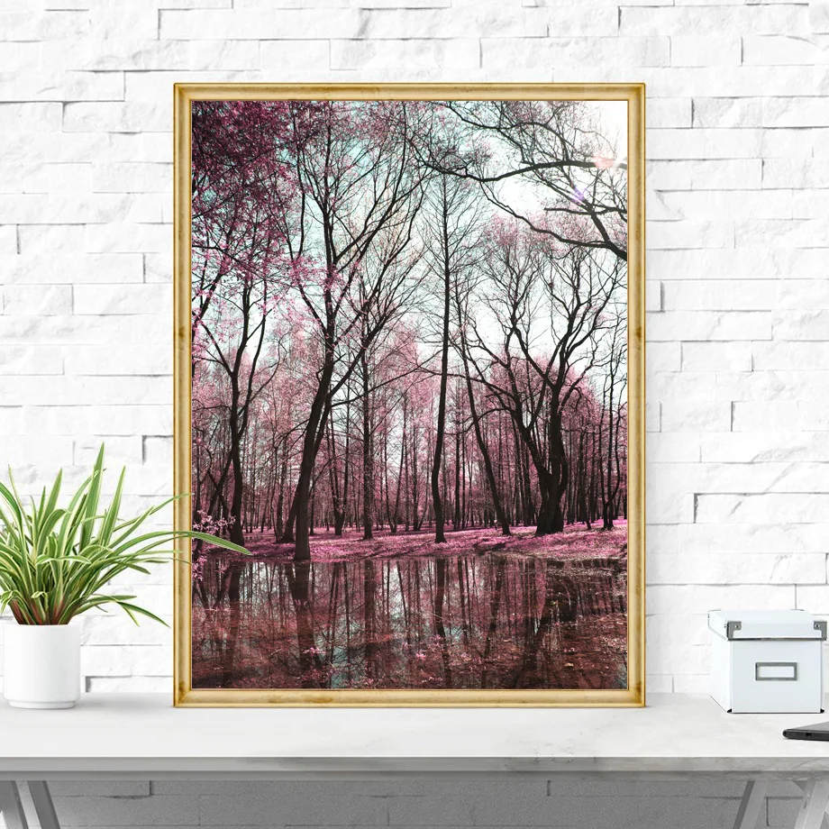 Waliicorners Wall Art Canvas Nordic Posters Pink Plant Mountain Forest Leaf Landscape Wall Pictures Home Decor 6