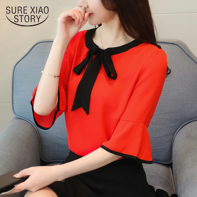 2022 new spring fashion solid office lady casual plus size women tops short sleeved blouses bow flare sleeve women shirt D585 30