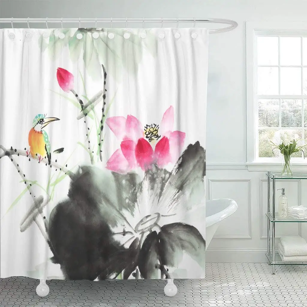 Abstract flowers watercolor painting Shower Curtain Bathroom Fabric /& 12hooks