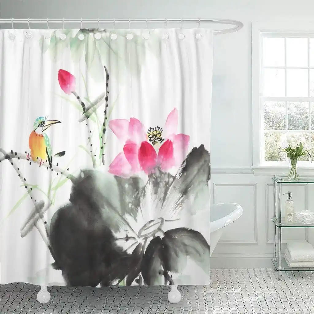 Shower Curtain Japanese Kingfisher and Lotus Flower Watercolor Painting  Animal Artistic Beautiful Bird Bathroom Curtains Shower Curtain Japanese Kingfisher and Lotus Flower Watercolor Painting  Animal Artistic Beautiful Bird Bathroom Curtains