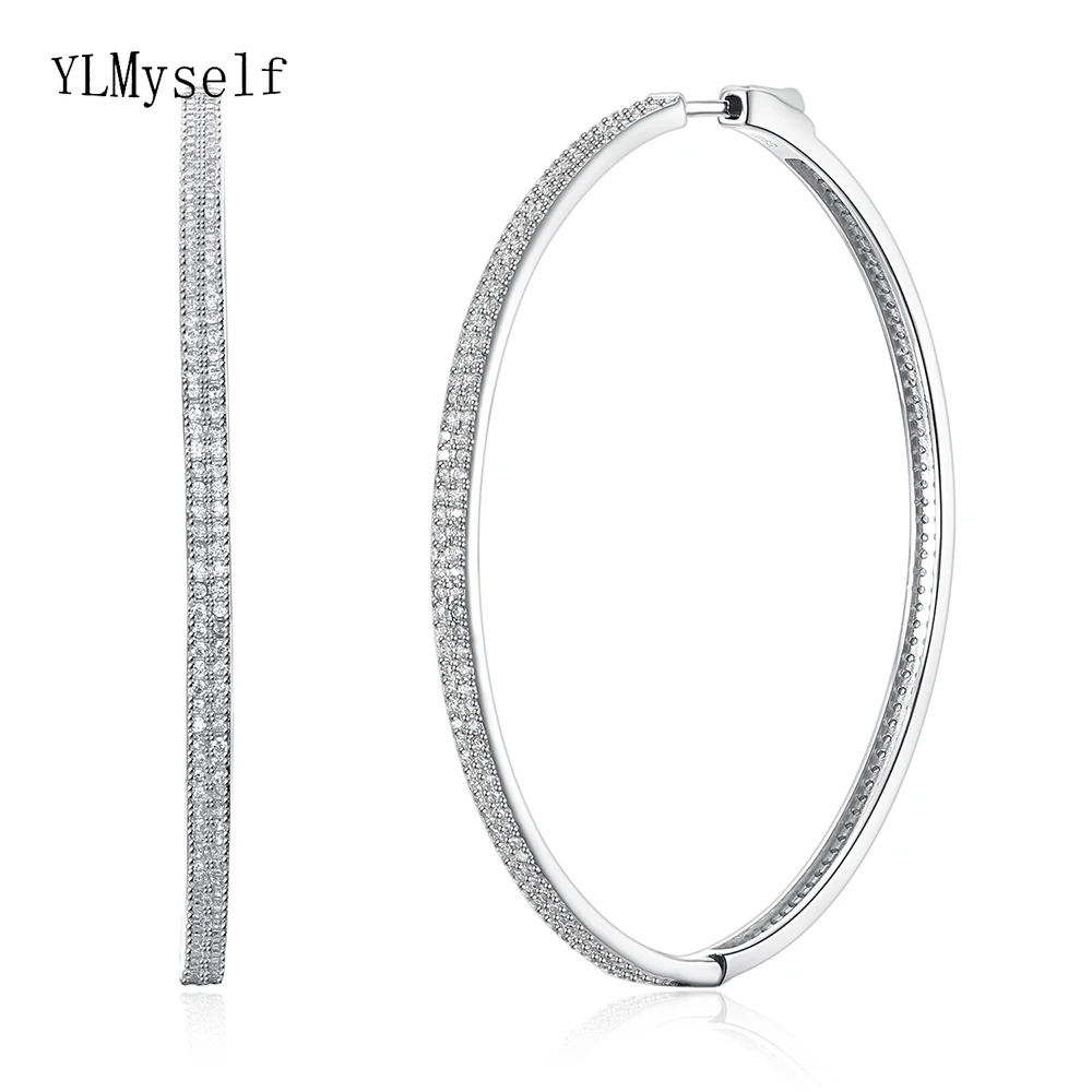 

Awesome 61 mm large silver metal round earring micro pave Cubic zircon jewelry big 925 Sterling silver hoop earrings for party
