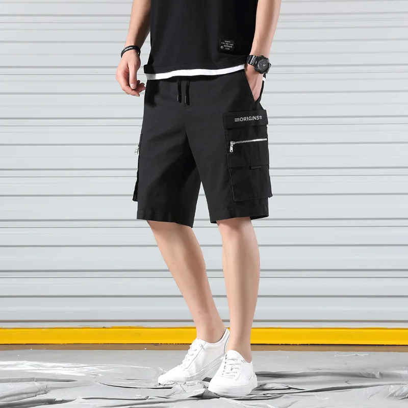 TFETTERS Men Safari Style Knee Length Shorts Summer Straight Low Solid Shorts Men Casual Cotton Drawstring Ropa De Hombre 2019