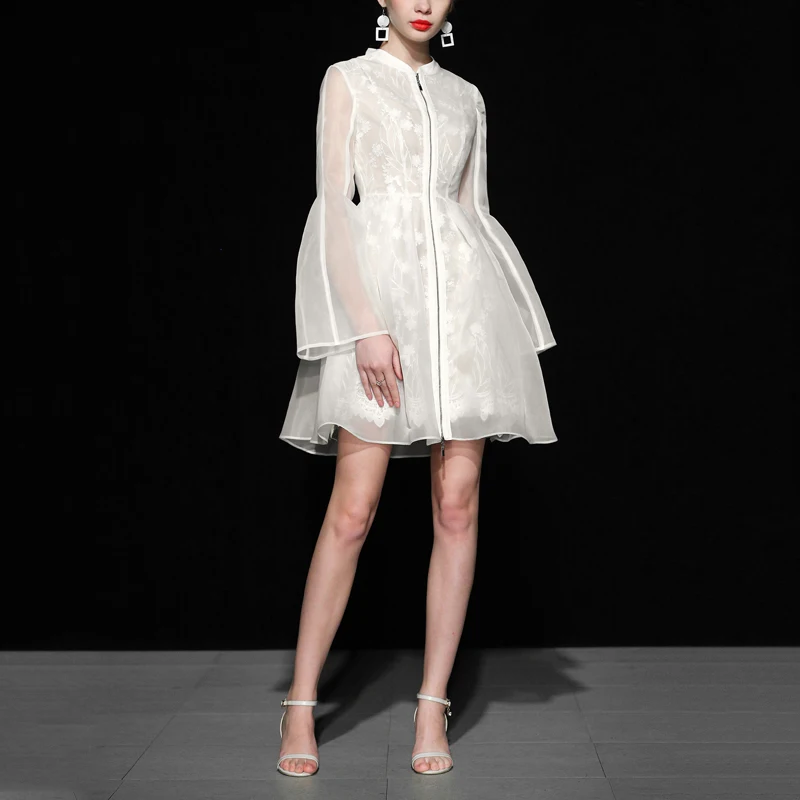 

European High-end Runway Dress 2018 Women Autumn Vintage Elegant Flare Sleeve Organza Lace Patchwork Pleated Mini Dress