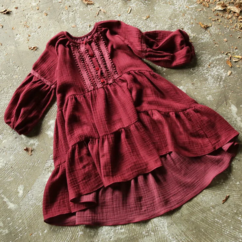 VYU/платье для девочек-подростков для детей от 4 до 14 лет, г., осенне-зимнее хлопковое винтажное Плиссированное кружевное платье с вышивкой и длинными рукавами-фонариками