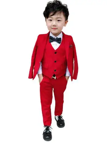 Осенние красные/серые черные костюмы из 3 предметов для маленьких мальчиков торжественные Детские блейзеры на свадьбу вечерние костюмы-смокинги пиджак+ жилет+ штаны - Цвет: as picture