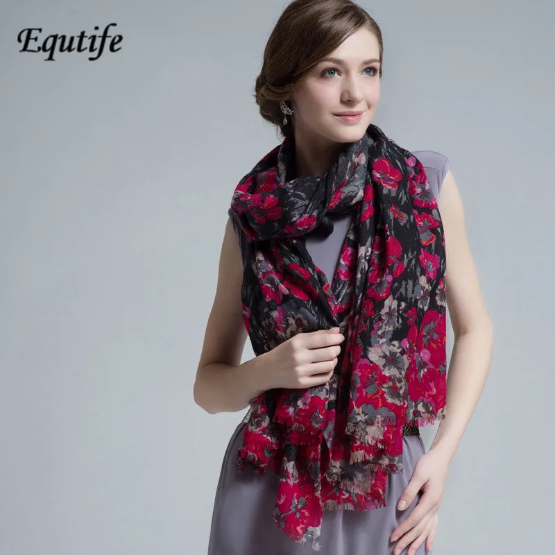 

Equtife New Design Wool Scarf For Women Oversize Winter Warm Shawl Scarves Luxury Beautiful Flower Print Pashmina Scarf B5031
