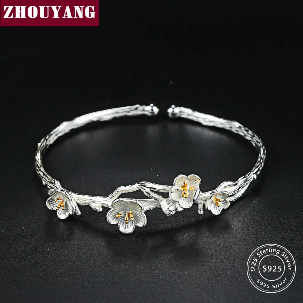 

ZHOUYANG Wiredrawing Plum Flower S925 Bracelet & Bangle 925 Sterling Silver Fashion Jewelry for Women Anti Allergy HY006