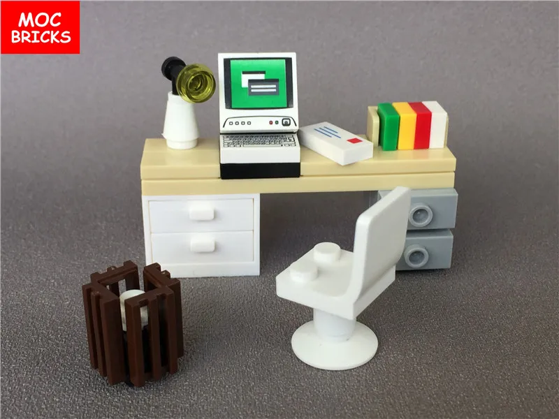Moc Bricks Diy Desk For Office Computer Book Lamp Work Station