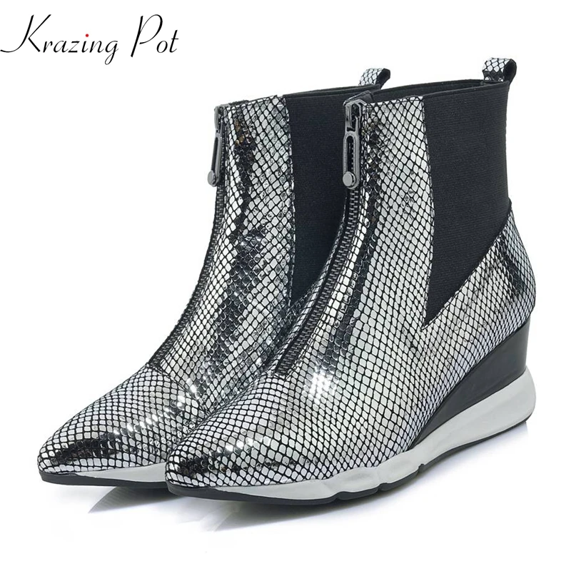 

Krazing Pot sheep skin zipper limited customization wedges high heels pointed toe luxury riding pregnant cozy ankle boots L3f3