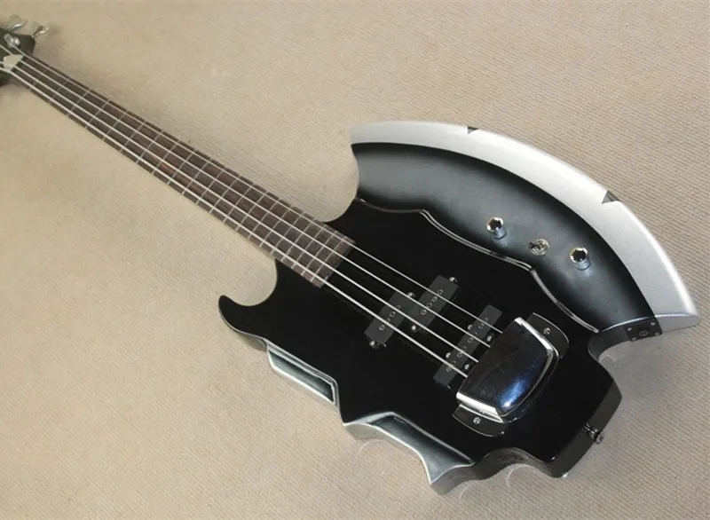 

Hot Sale Custom 4-String Bass Guitar with Axe Signiture and Shape,3 Open Pickups,Chrome Hardware,can be Customized