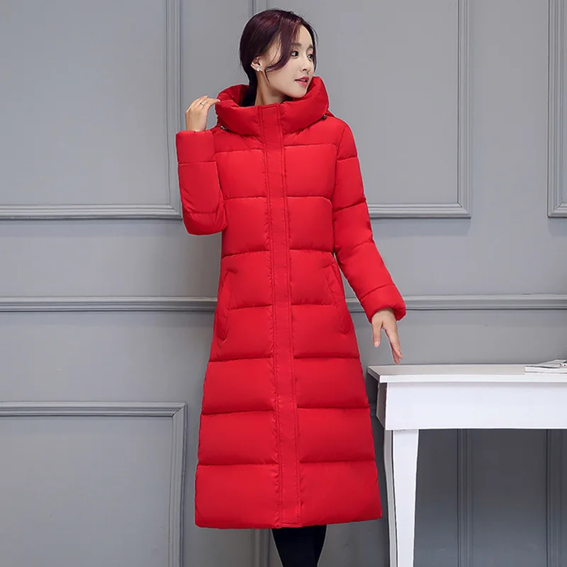Высокое качество, пальто с воротником-стойкой, женская зимняя длинная куртка с капюшоном и шапкой, теплая плотная Женская куртка, однотонная женская парка с подкладкой - Цвет: RED