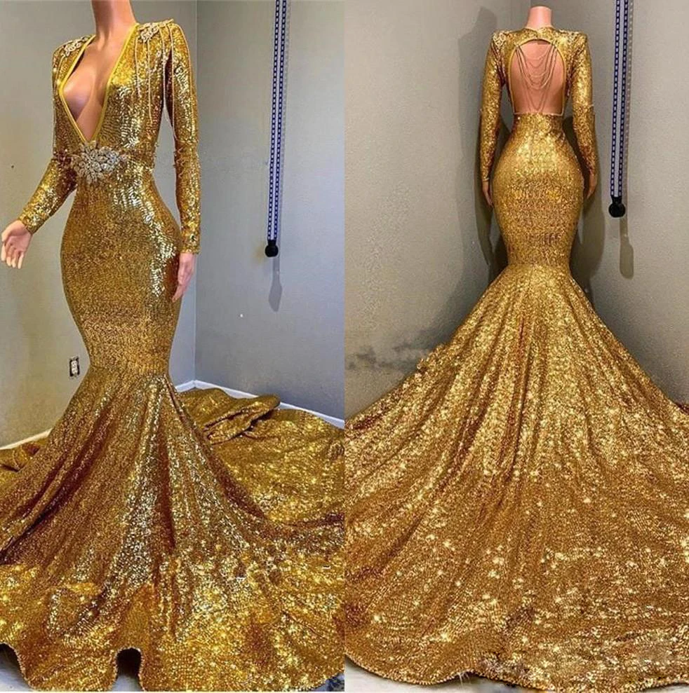Deep V Neck Gold Mermaid Evening Dresses Long Sleeve Backless Sequined Formal Prom Gowns Sparkly Sequin African Robe de soiree Deep V Neck Gold Mermaid Evening Dresses Long Sleeve Backless Sequined Formal Prom Gowns Sparkly Sequin African Robe de soiree