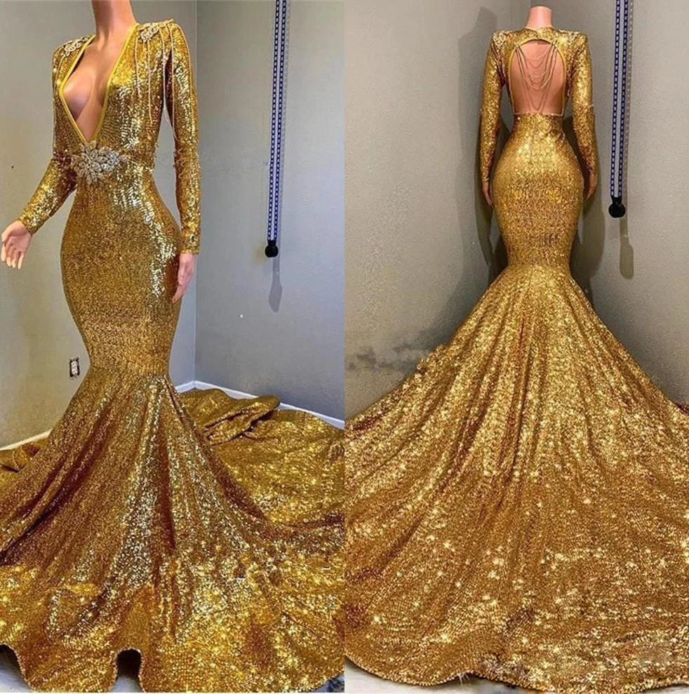 Gold Mermaid Evening Dresses With Long ...