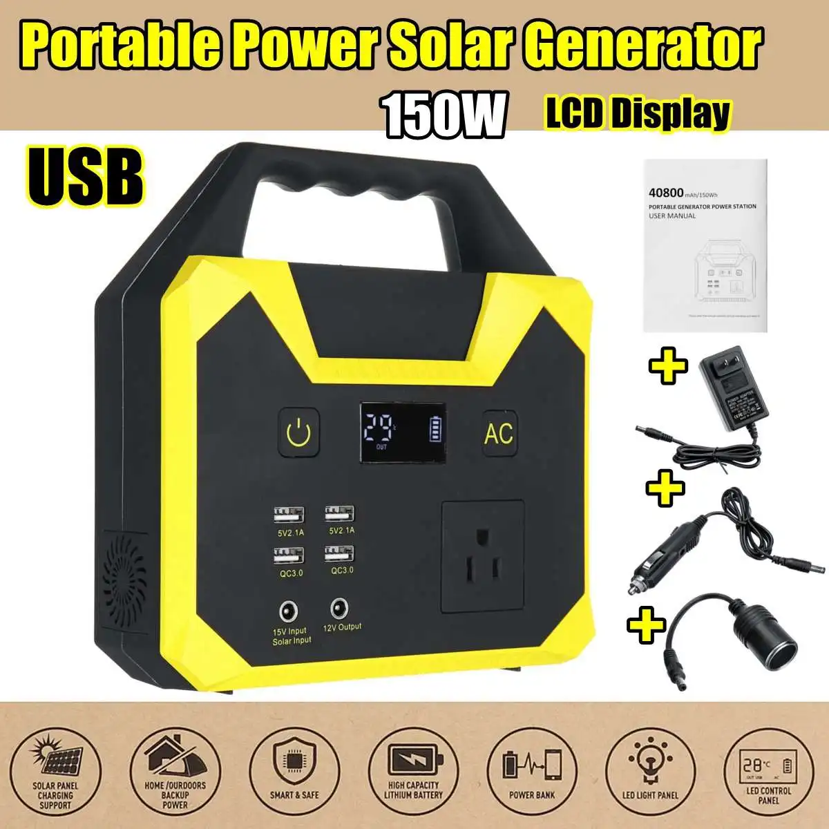 

UPS Portable Generator Power Supply 220V 40800mah 150WH 200W 15A Solar Energy Storage USB Charger Portable Power Solar Generator