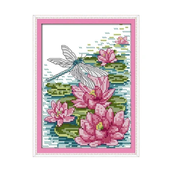 

Dragonfly and Lotus Cross Stitch Flowers Beautiful 11CT 14CT DIY Flowers Painting Cross Stitch Kits Embroidery Needlework Sets