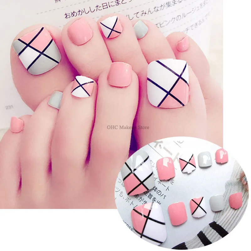 

24Pcs/Set Fake Nails Feet Short Square Toenail False Nails Toe Mixed Colorful Patch Design Finished Press On Nail Art With Glue