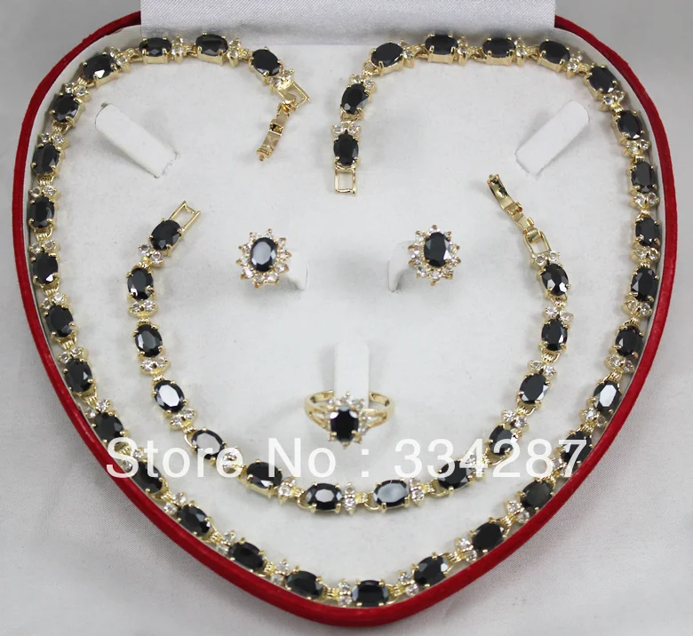 

New Listed !Free Shipping Black CZ Crystal Ring Bracelet Earring Necklace Jewelry Set