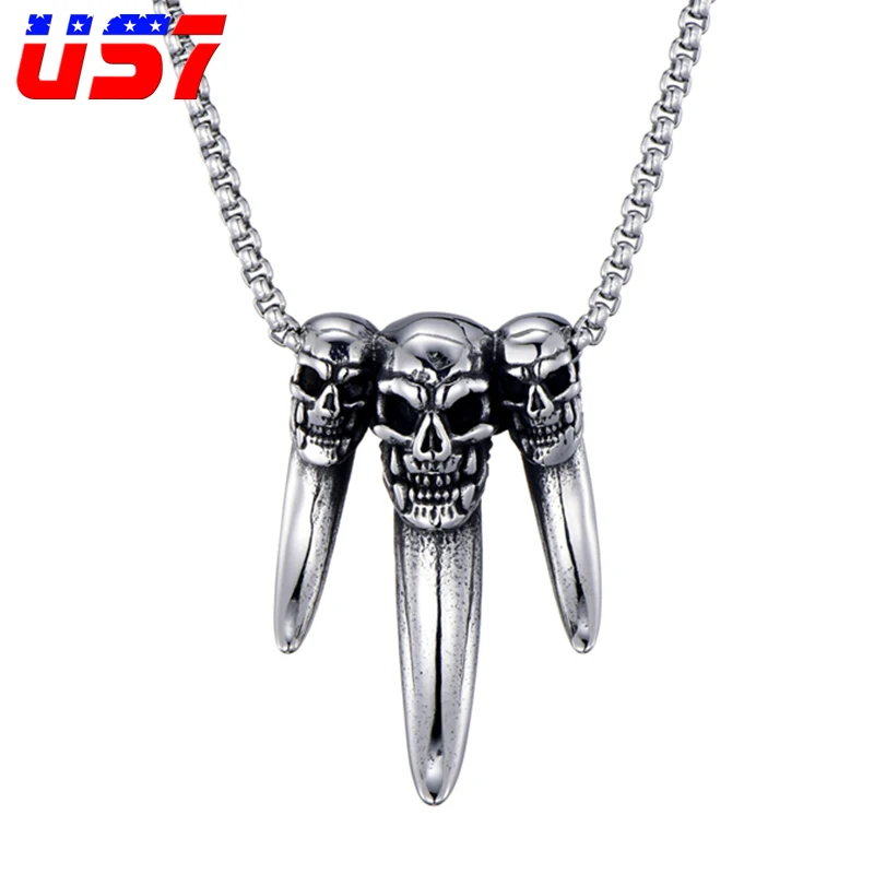 US7 Vintage Punk Skull Pendants Men Stainless Steel Teeth Necklaces Casting Gothic Rock Necklace for Viking Jewelry Gift | Украшения и