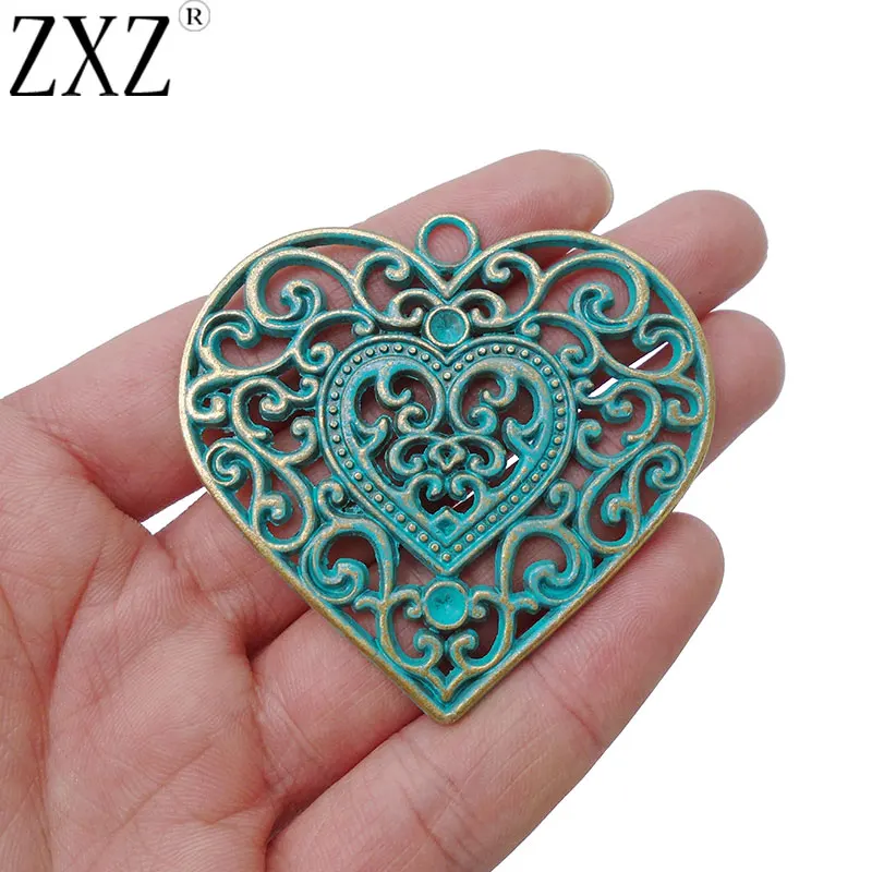

ZXZ 2pcs Green Verdigris Patina Large Heart Charms Pendants for Necklace Jewelry Making Findings 58x55mm