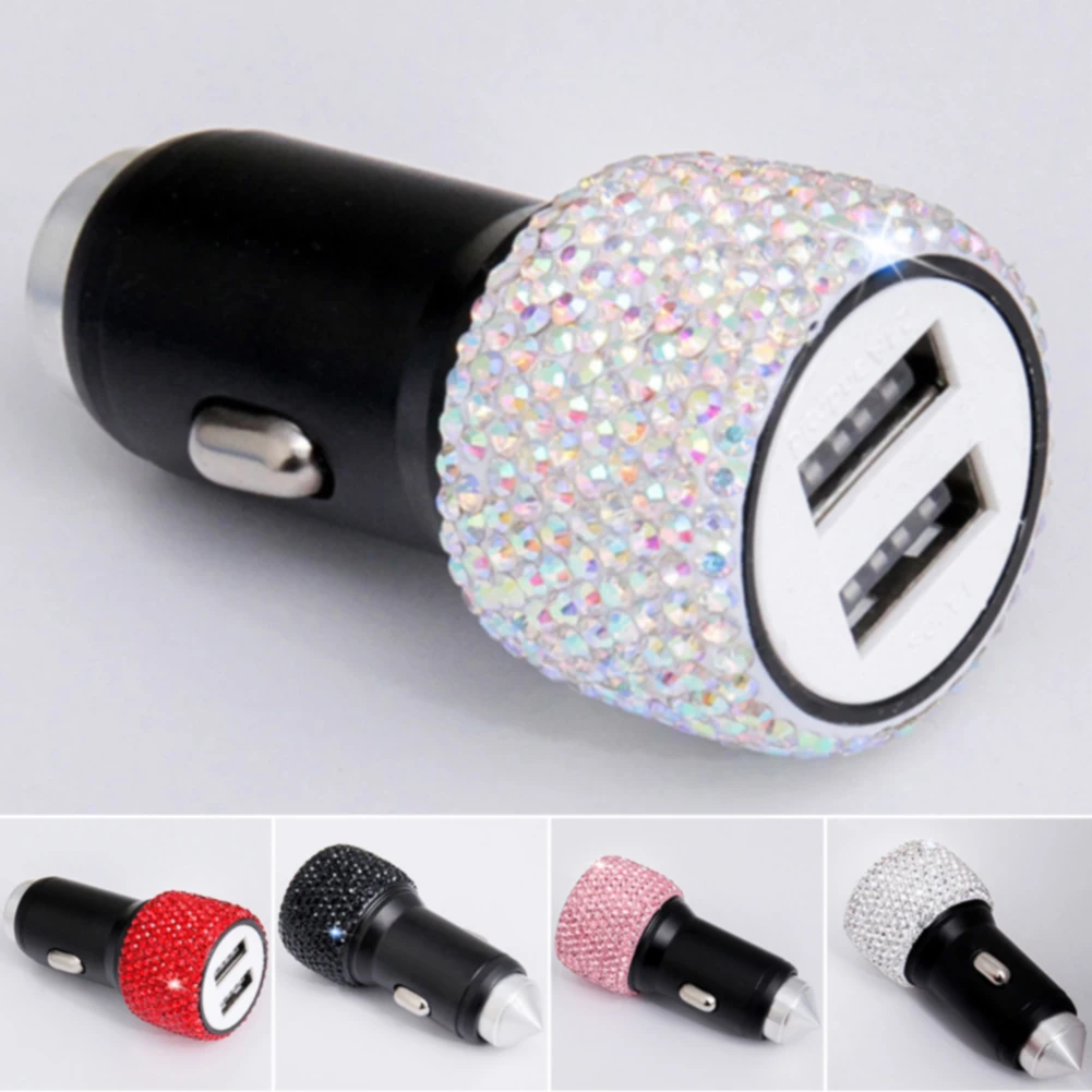 دائم مشرقة المزدوج USB شحن سريعة ل هاتف تابلت الألومنيوم سبائك الزخرفية مستقرة العالمي شاحن سيارة هدية حجر الراين