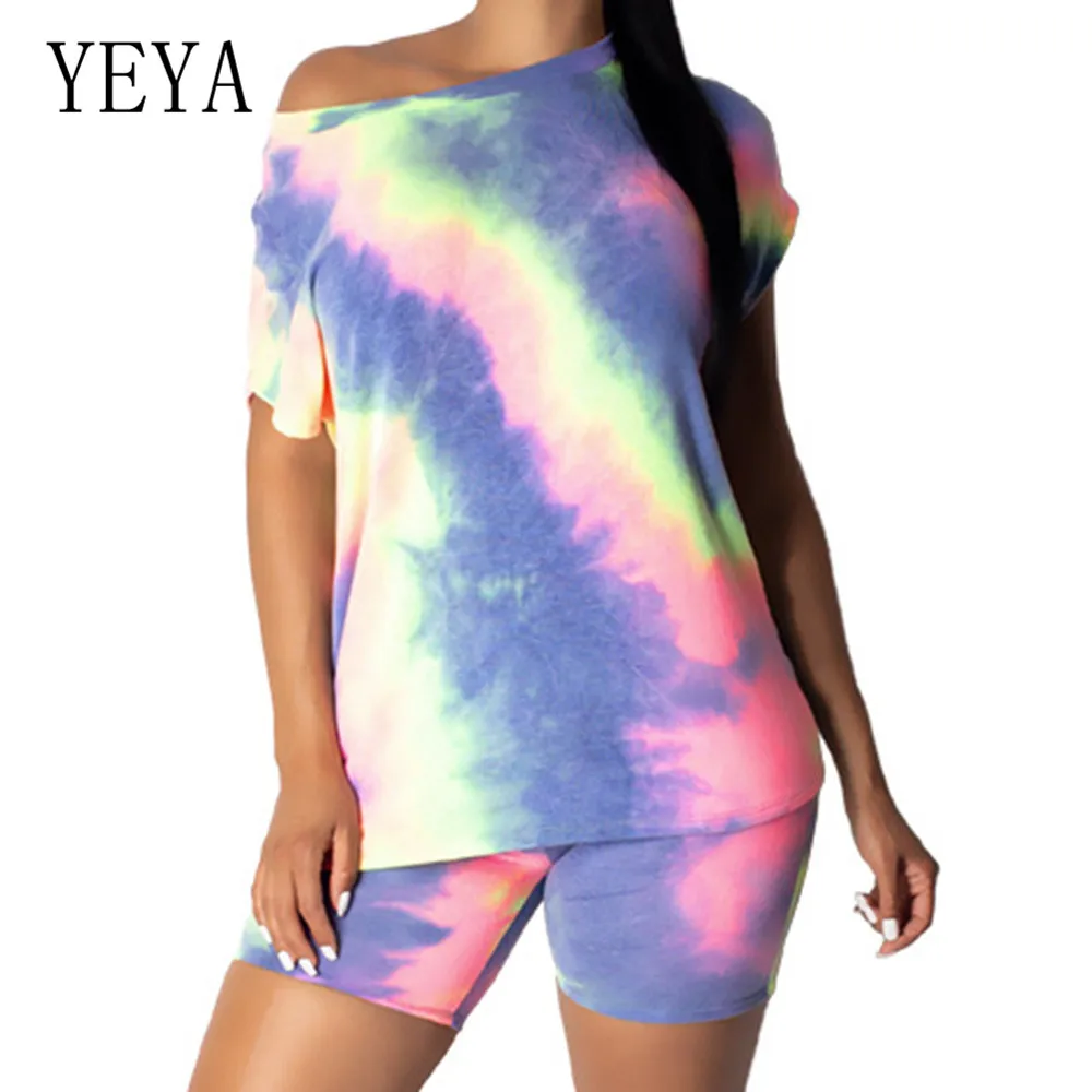 

YEYA 2 Pieces Sets Multi-color Tie-dye Contrast Color Loose Playsuits Elegant O Neck Short Sleeve Women Summer Vintage Jumpsuits