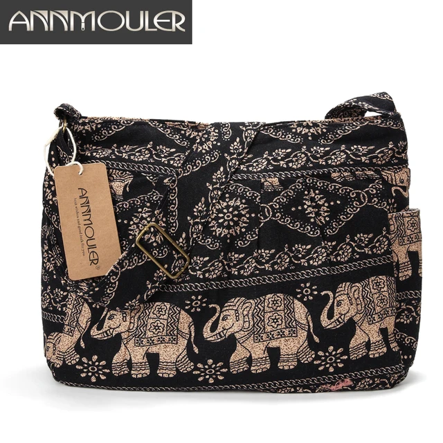 Annmouler Large Women Shoulder Bag Cotton Fabric Crossbody Bag Tribal Elephant Print Hobo Bag ...