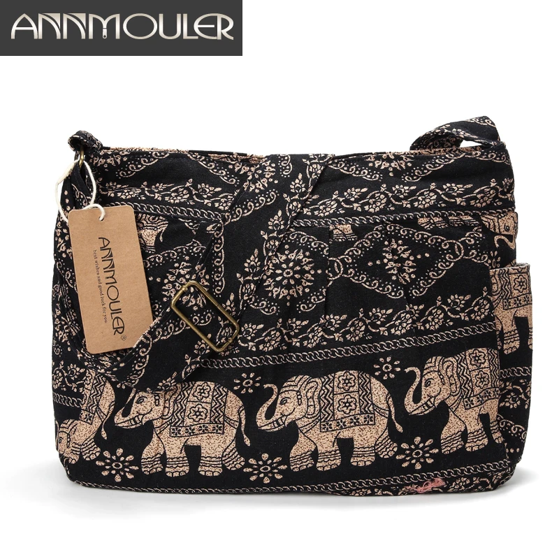 Annmouler كبيرة النساء قماش crossbody حقيبة الكتف كيس القطن القبلي الفيل طباعة المتشرد حقيبة لينة للتعديل رسول حقيبة